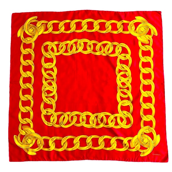 CHANEL Silk Scarf Chain Turnlock Red & Gold, CHANEL scarf box - Picture 1 of 7
